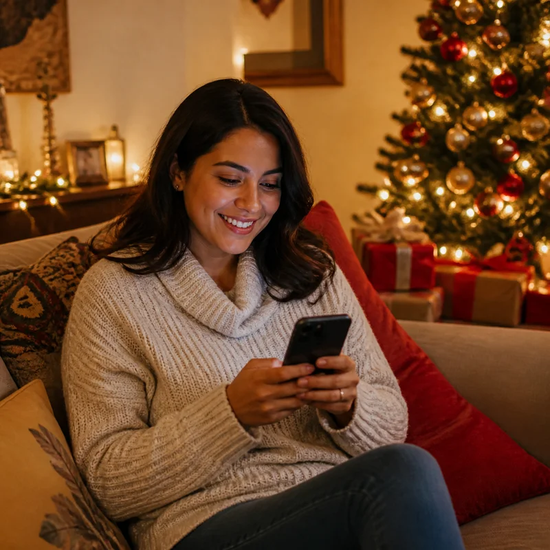 Mujer en el sofá revisando su celular junto al árbol de Navidad